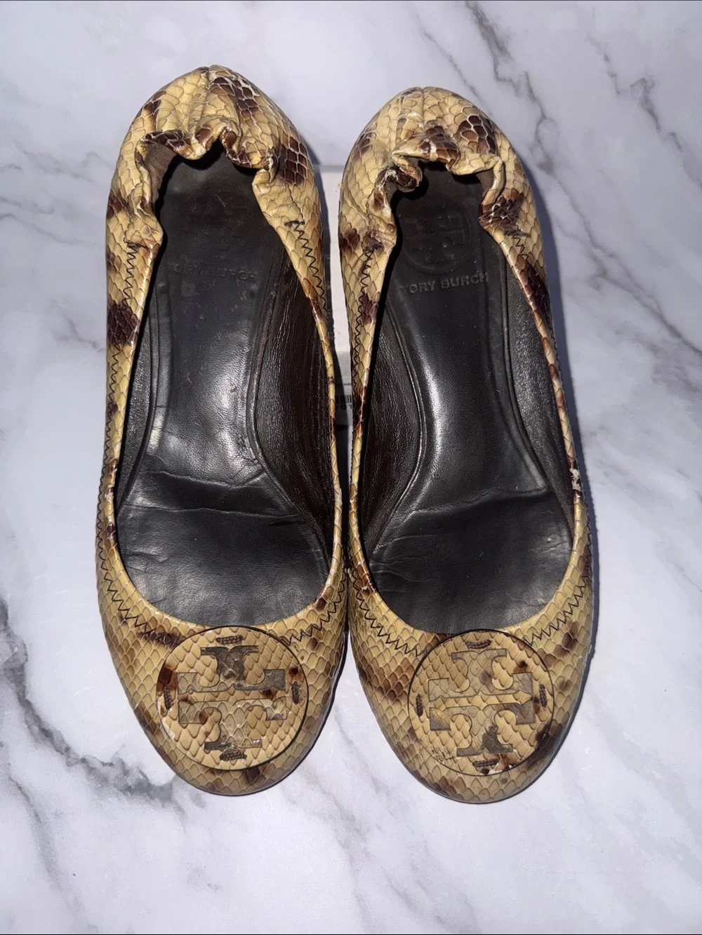 Tory Burch Snake-Print Reva Ballet Flats in Tan and Brown